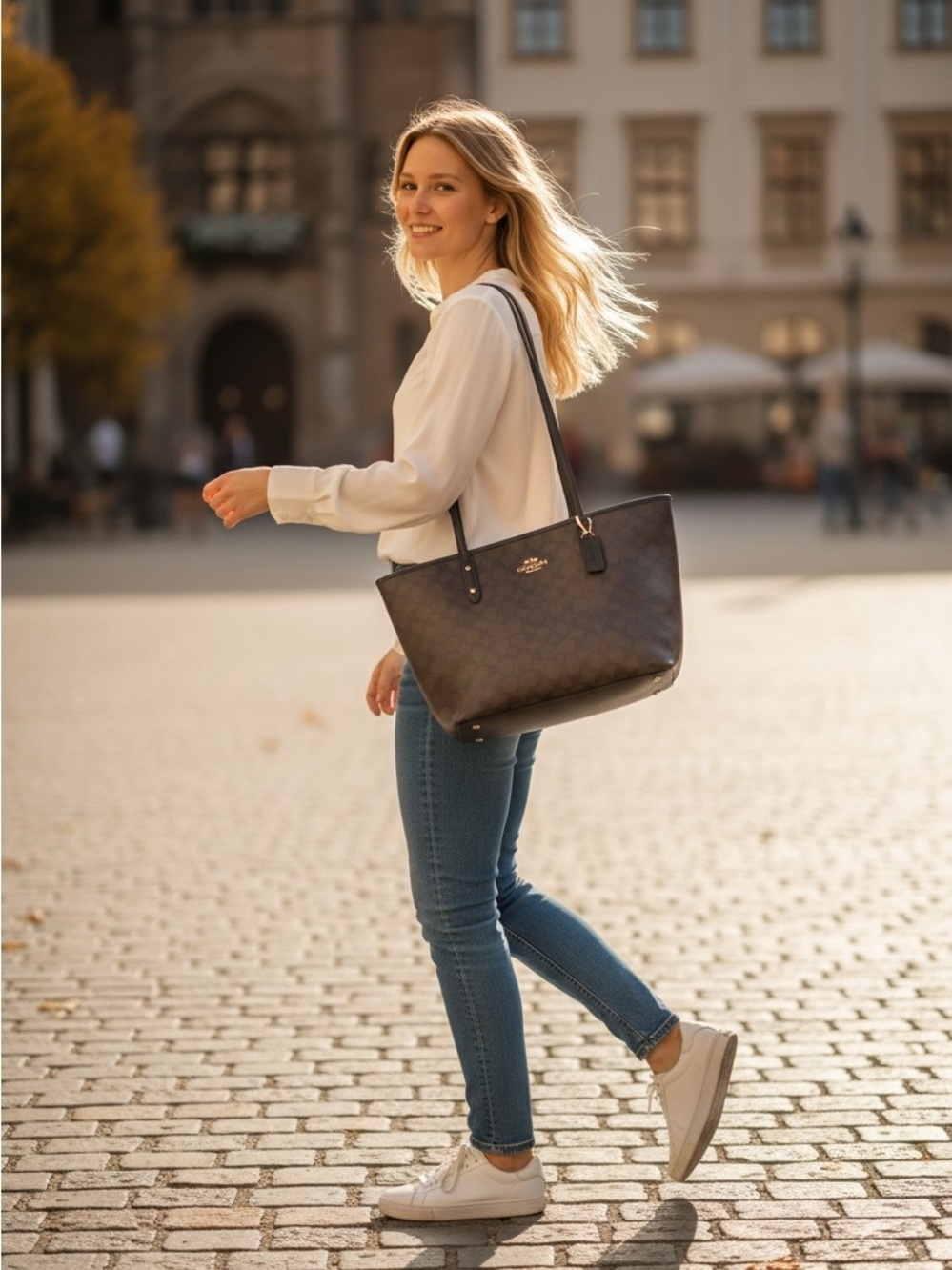 Coach Dark Brown Signature Tote with Gold Hardware